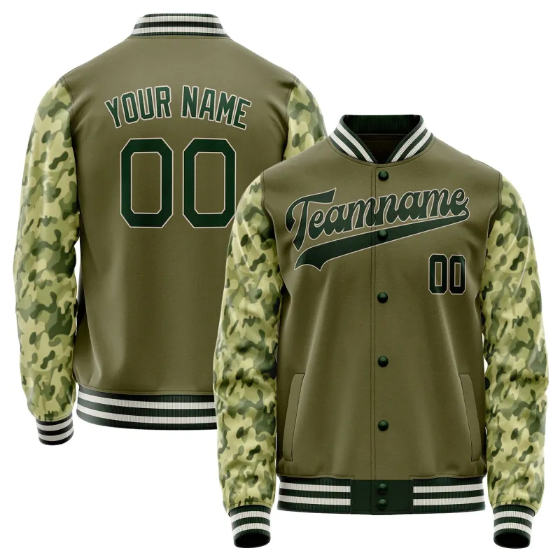 Custom Olive Camo Solid Color Varsity Letterman Jacket sold by Tailorly