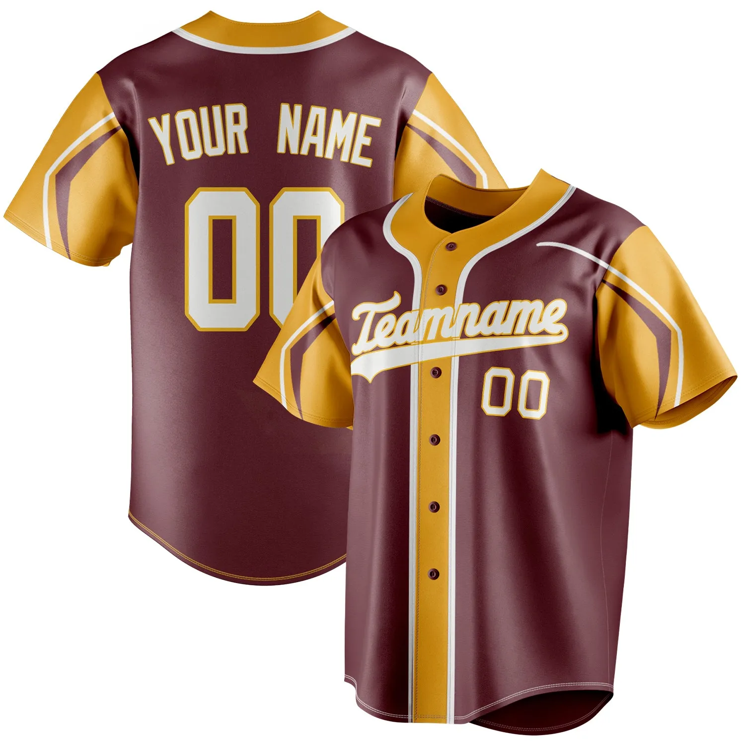 Custom Burgundy & Gold 3 Colors Arm Shapes Fan Baseball Jersey sold by Tailorly