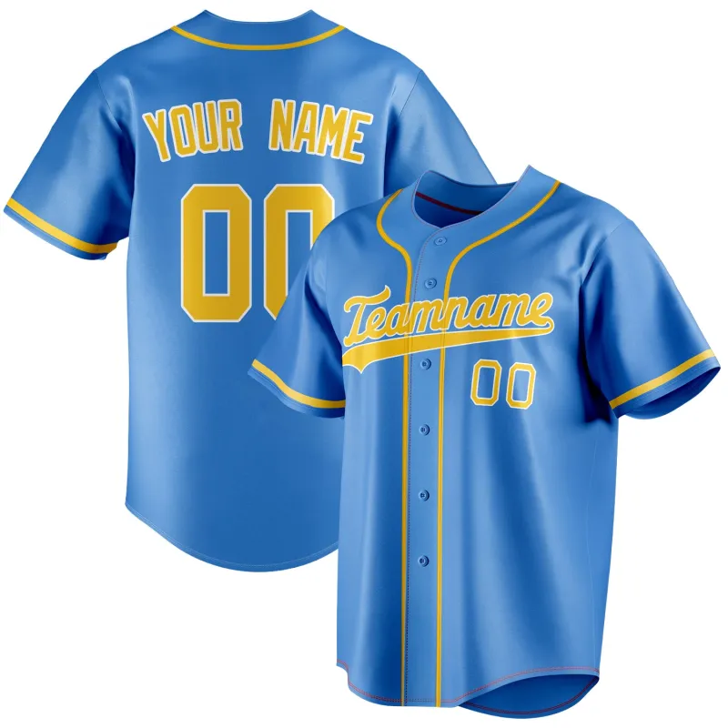 Custom Electric Blue & Gold Color Fan Baseball Jersey made by Tailorly