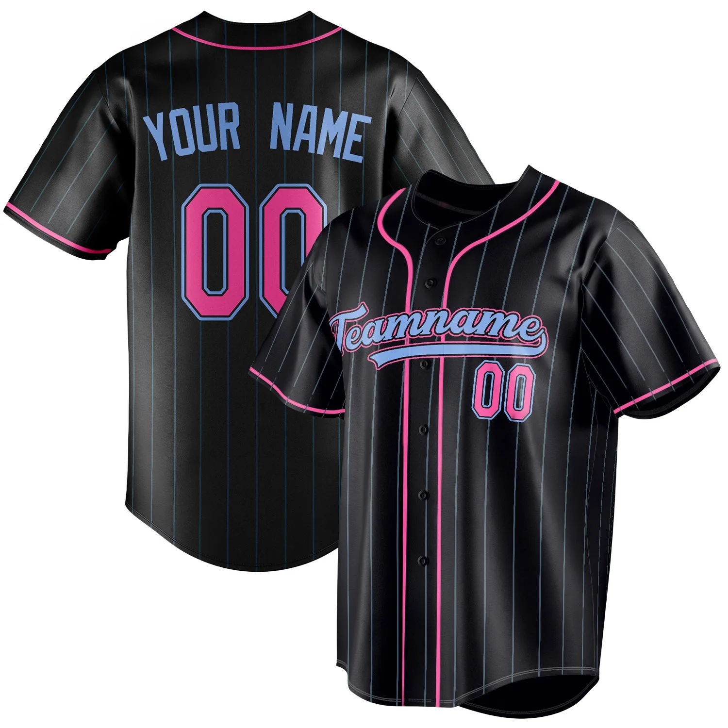 Custom Black & Pink Ligeht Blue Pinstripe Fan Baseball Jersey sold by Tailorly