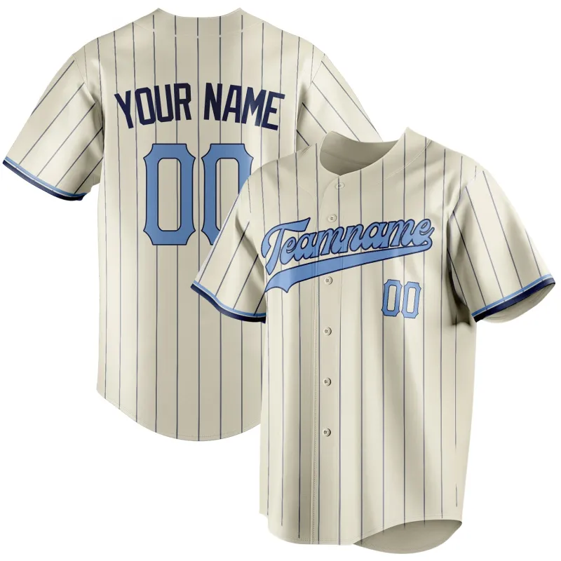 Custom Cream & Light Blue Navy Pinstripe Fan Baseball Jersey sold by Tailorly