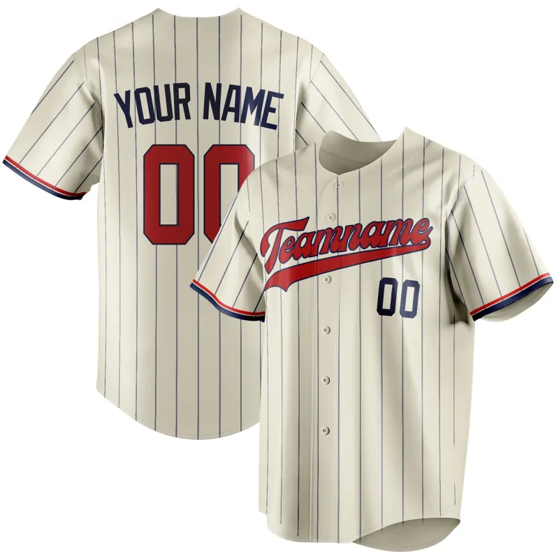 Custom Cream & Red Navy Pinstripe Fan Baseball Jersey sold by Tailorly