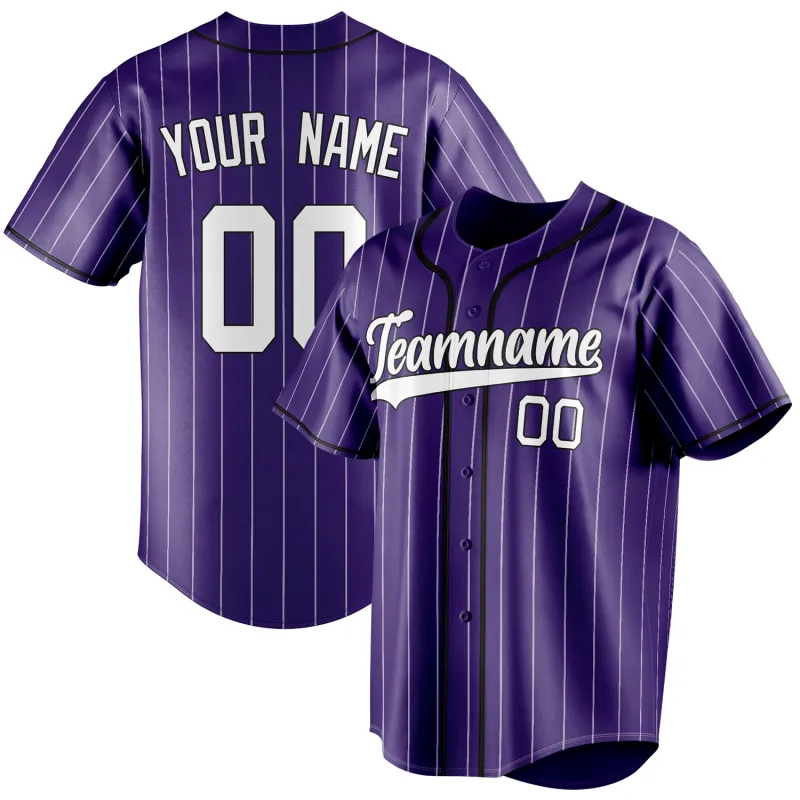 Custom Purple & White White Pinstripe Fan Baseball Jersey made by Tailorly