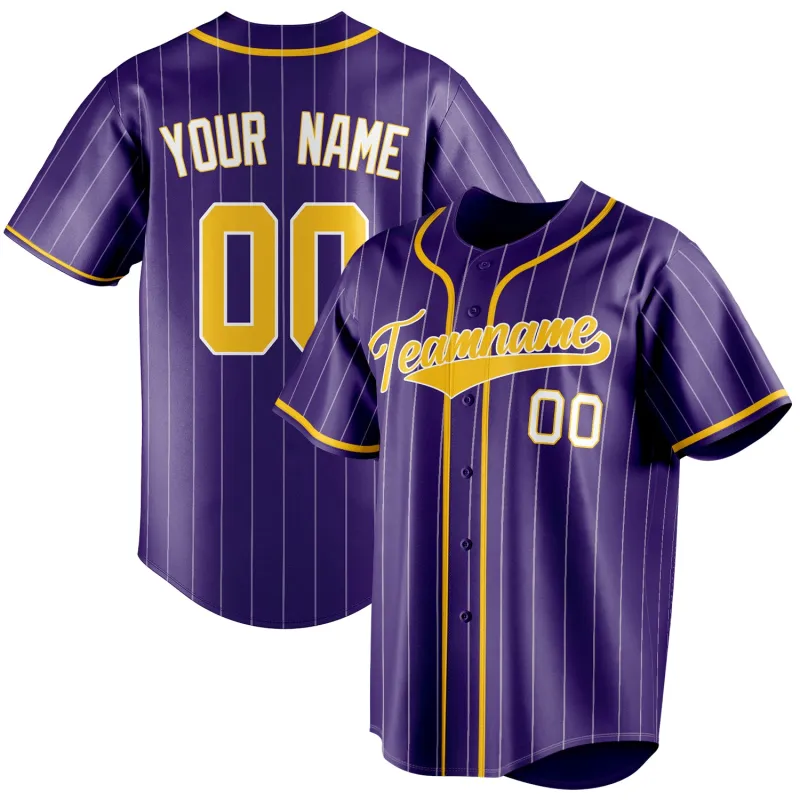 Custom Purple & Gold White Pinstripe Fan Baseball Jersey made by Tailorly