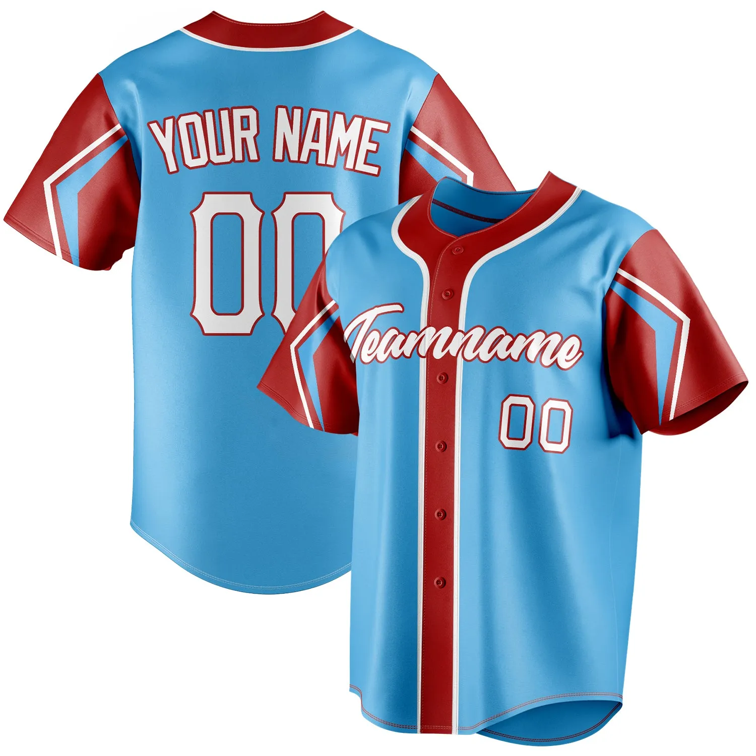 Custom Sky Blue & Red 3 Colors Arm Shapes Fan Baseball Jersey sold by Tailorly