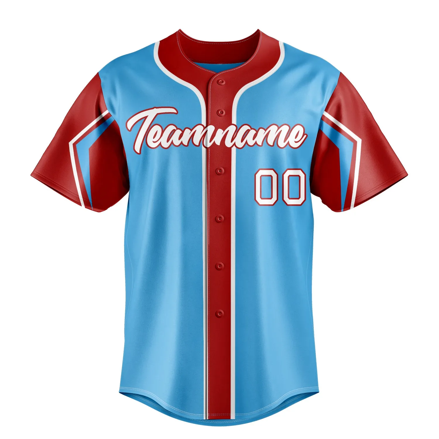 Custom Sky Blue & Red 3 Colors Arm Shapes Fan Baseball Jersey sold by Tailorly product image thumbnail 2