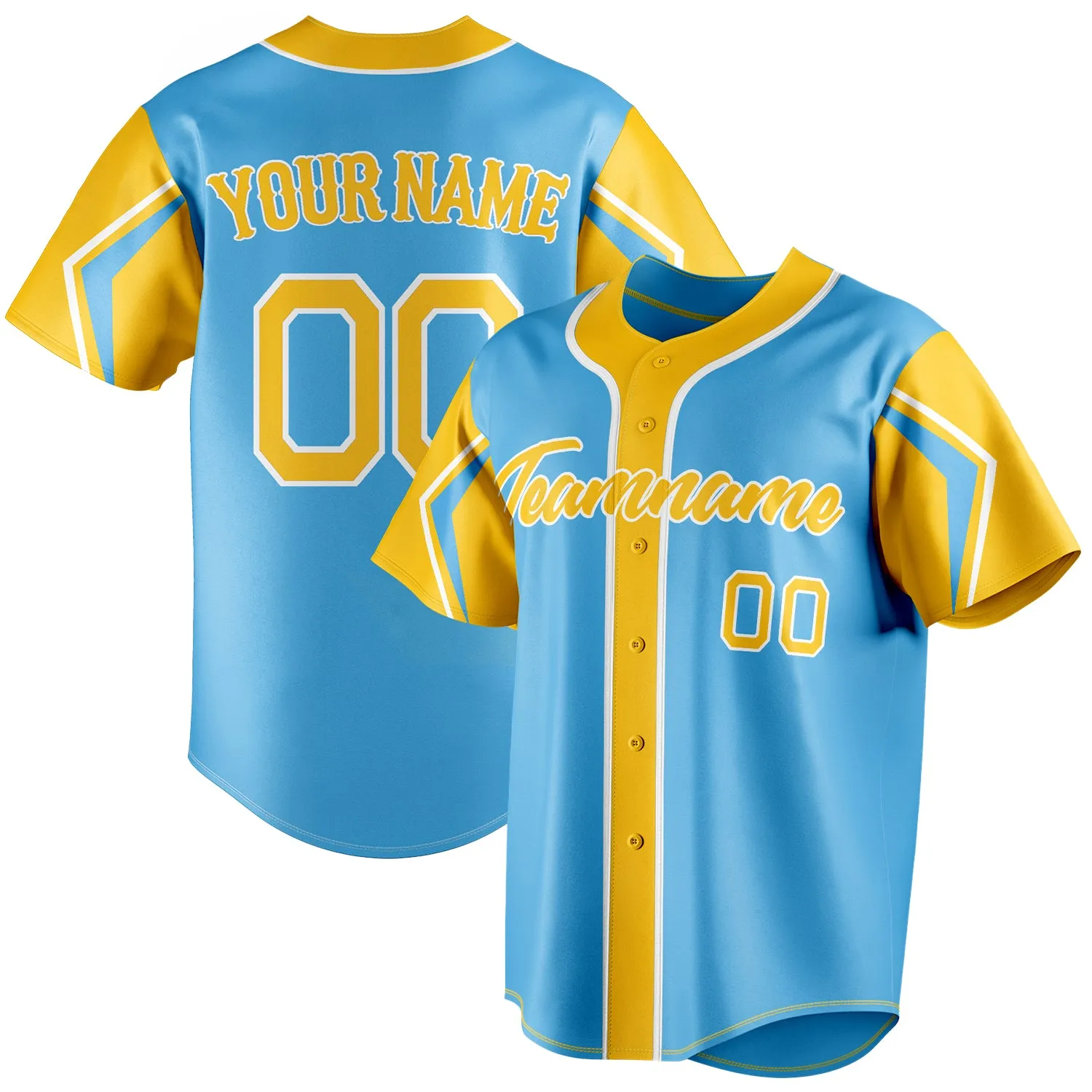 Custom Sky Blue & Yellow 3 Colors Arm Shapes Fan Baseball Jersey sold by Tailorly
