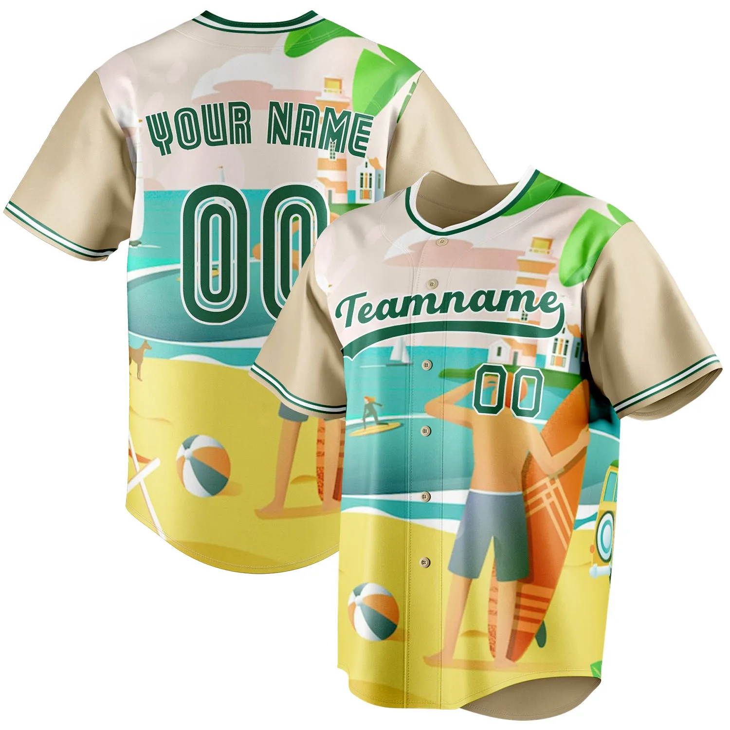 Custom Sand & Green 3D Pattern Tropical Beach Hawaii Palm Fan Baseball Jersey sold by Tailorly