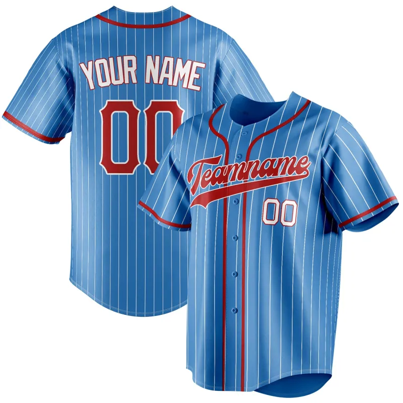Custom Powder Blue & Red White Pinstripe Fan Baseball Jersey made by Tailorly