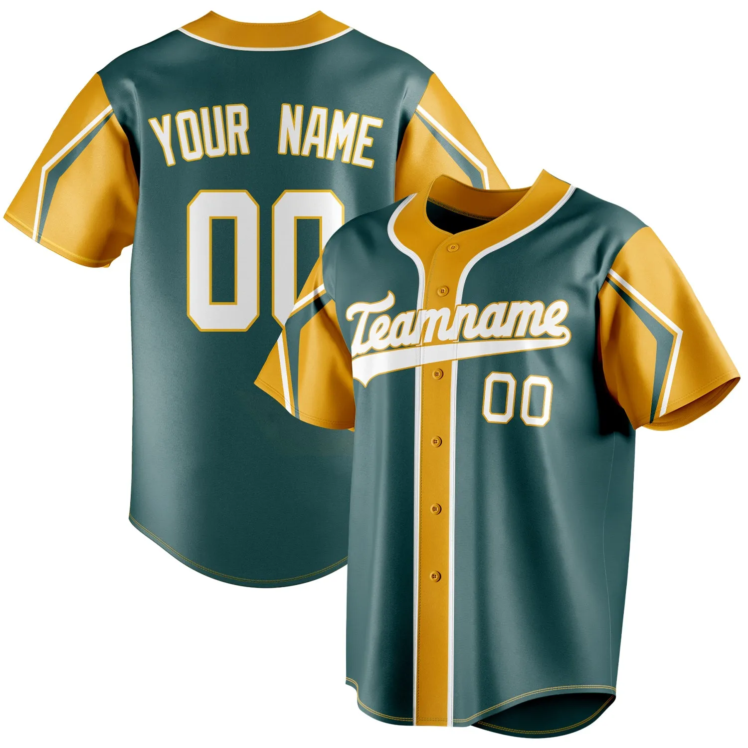 Custom Midnight Green & Yellow 3 Colors Arm Shapes Fan Baseball Jersey sold by Tailorly