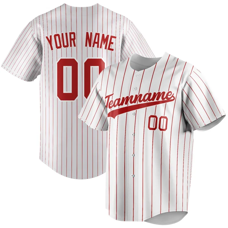 Custom White & Red Red Pinstripe Fan Baseball Jersey sold by Tailorly