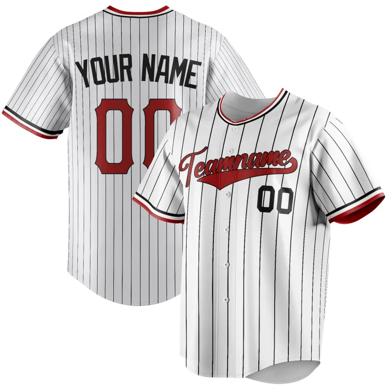 Custom White & Red Black Pinstripe Fan Baseball Jersey sold by Tailorly