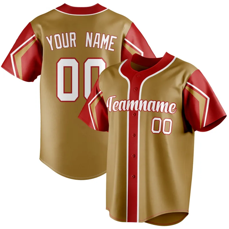 Custom Old Gold & Red 3 Colors Arm Shapes Fan Baseball Jersey sold by Tailorly