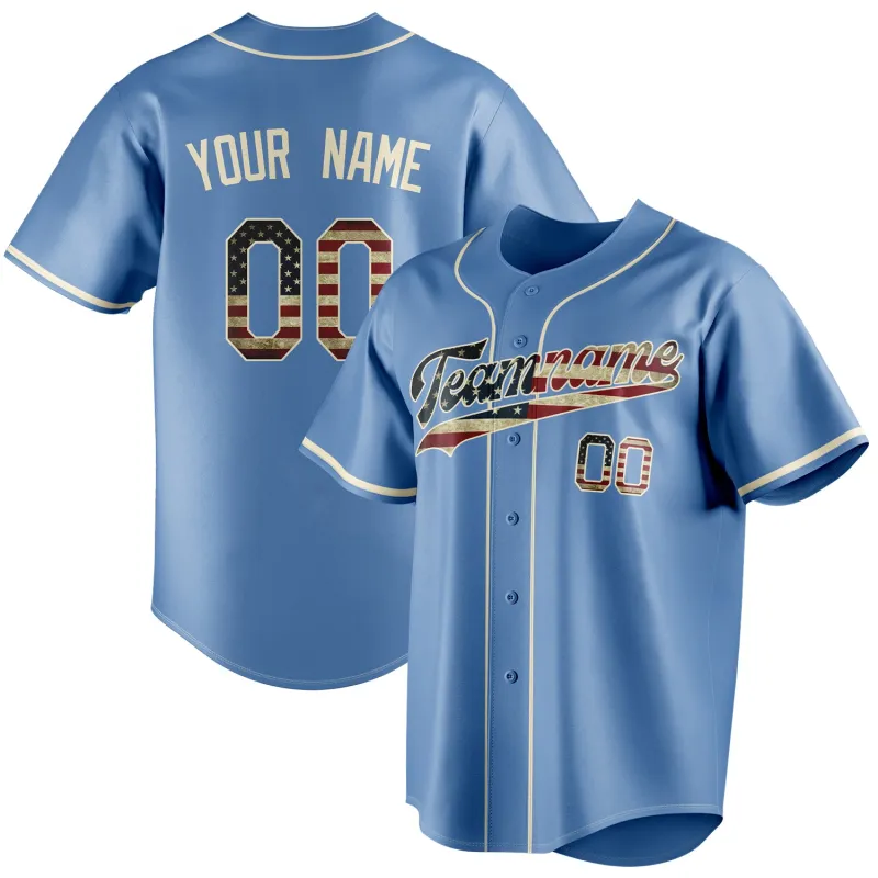 Custom Light Blue & Cream Vintage USA Flag Fan Baseball Jersey sold by Tailorly