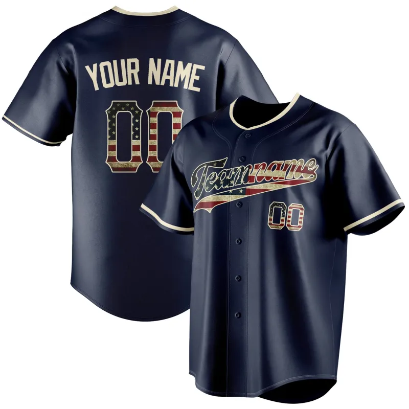 Custom Navy & Cream Vintage USA Flag Fan Baseball Jersey sold by Tailorly