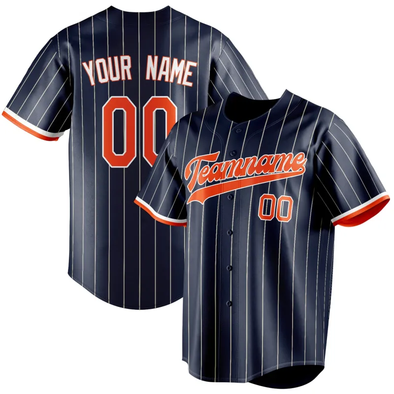 Custom Navy & Orange Cream Pinstripe Fan Baseball Jersey made by Tailorly