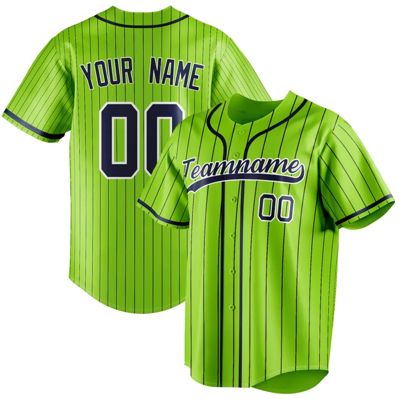 Custom Neon Green & Navy Black Pinstripe Fan Baseball Jersey sold by Tailorly
