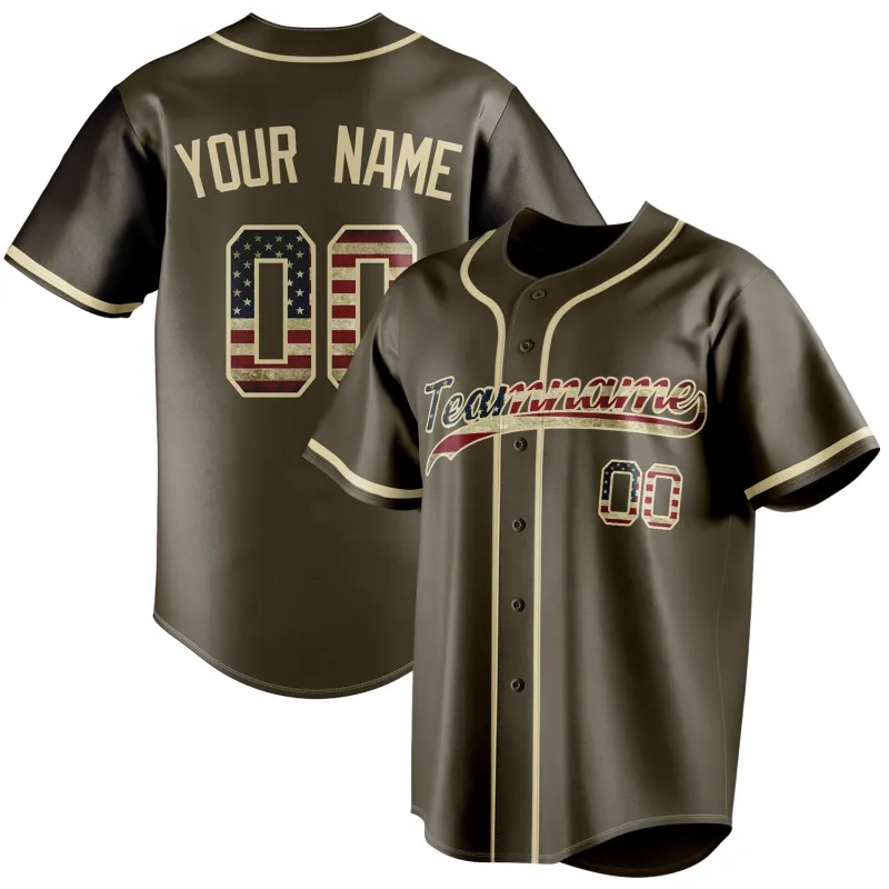 Custom Olive & Cream Vintage USA Flag Fan Baseball Jersey sold by Tailorly