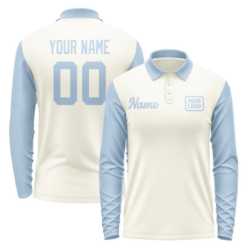 Custom Cream Light Blue Long Sleeve Polo Shirt sold by Tailorly