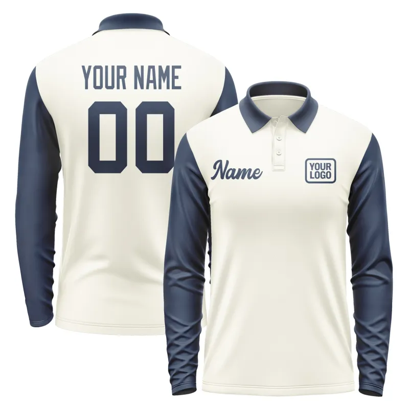 Custom Cream Blue Long Sleeve Polo Shirt sold by Tailorly