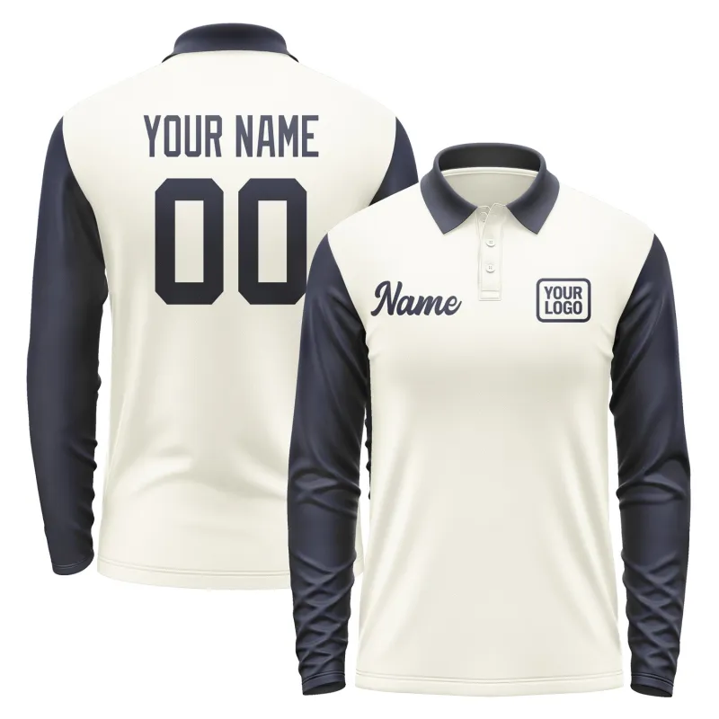 Custom Cream Navy Long Sleeve Polo Shirt sold by Tailorly