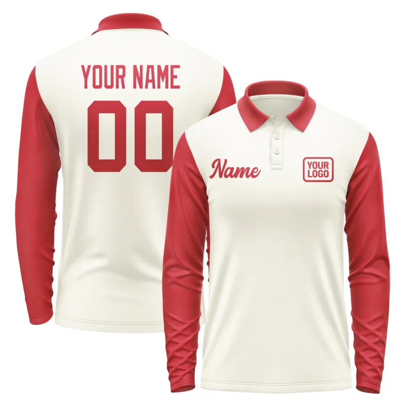 Custom Cream Red Long Sleeve Polo Shirt sold by Tailorly