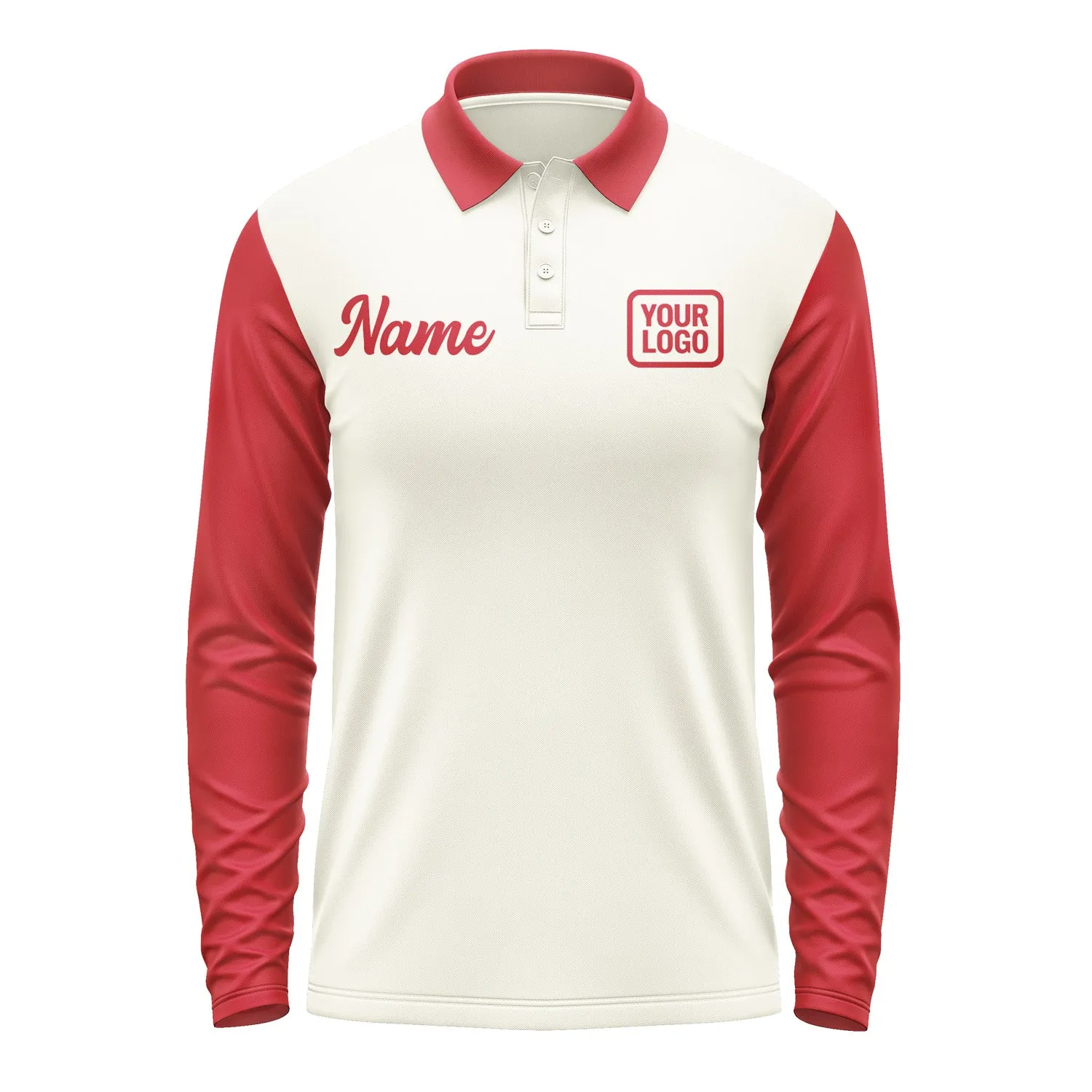 Custom Cream Red Long Sleeve Polo Shirt sold by Tailorly product image thumbnail 2