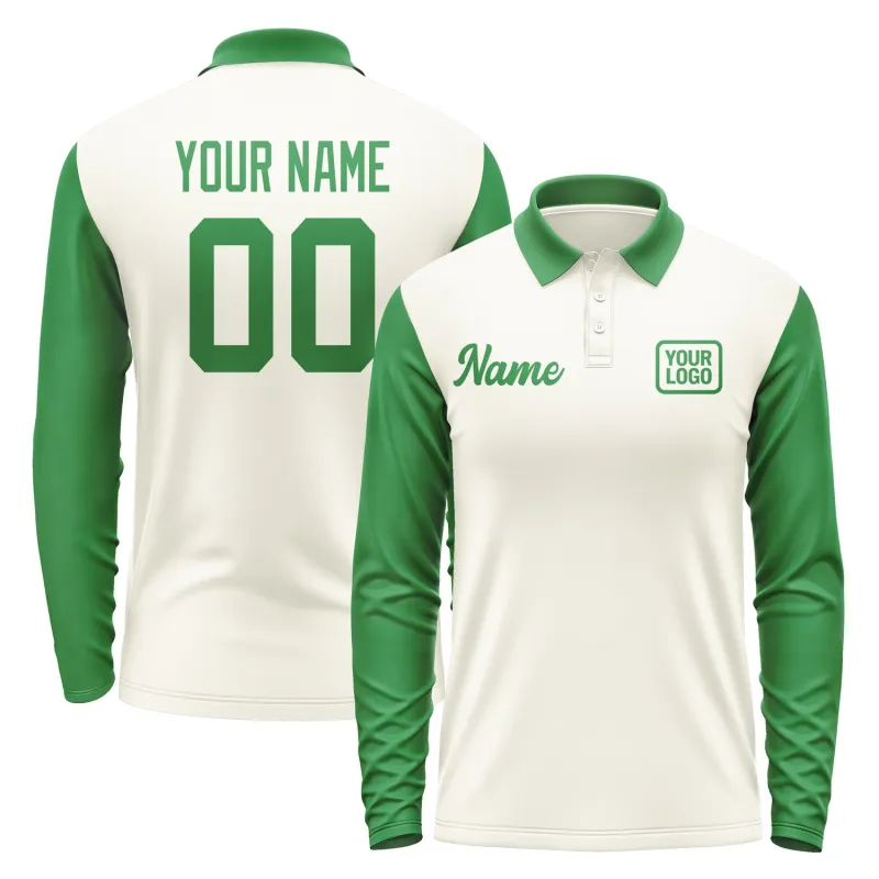 Custom Cream Emerald Green Long Sleeve Polo Shirt sold by Tailorly