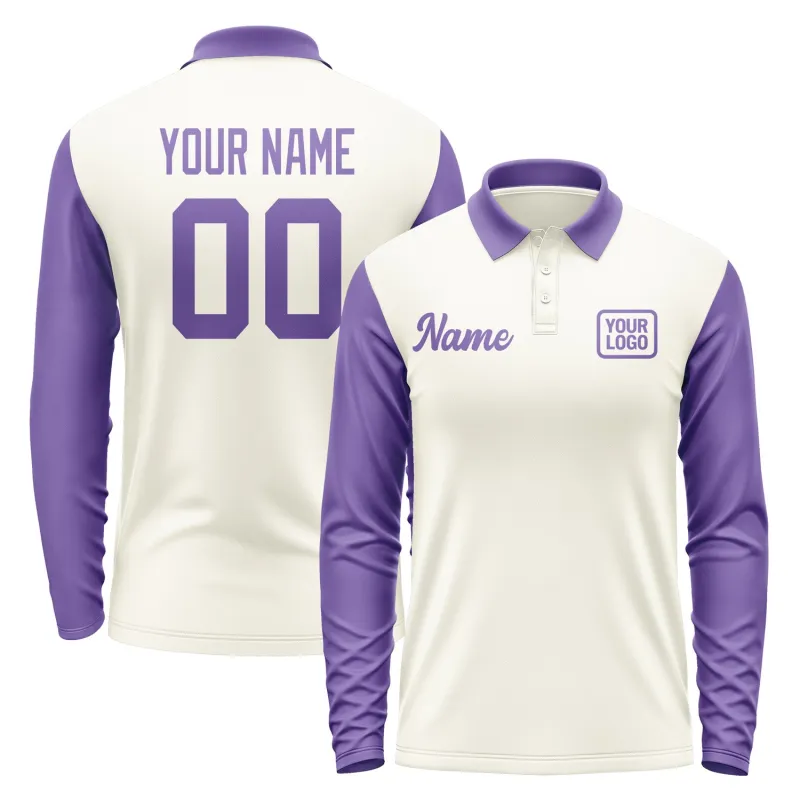 Custom Cream Light Purple Long Sleeve Polo Shirt sold by Tailorly