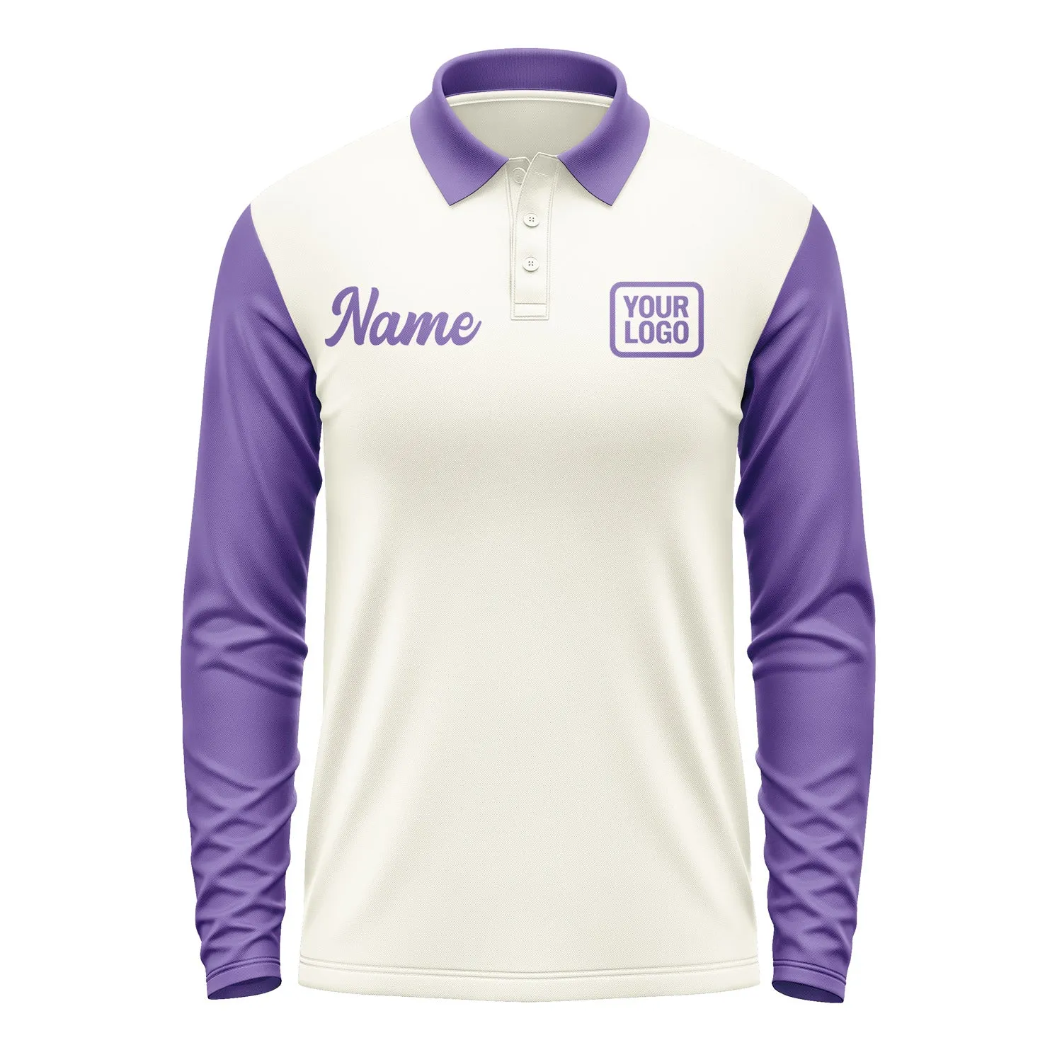 Custom Cream Light Purple Long Sleeve Polo Shirt sold by Tailorly product image thumbnail 2