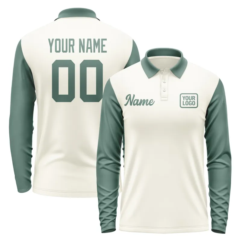 Custom Cream Blue Green Long Sleeve Polo Shirt sold by Tailorly