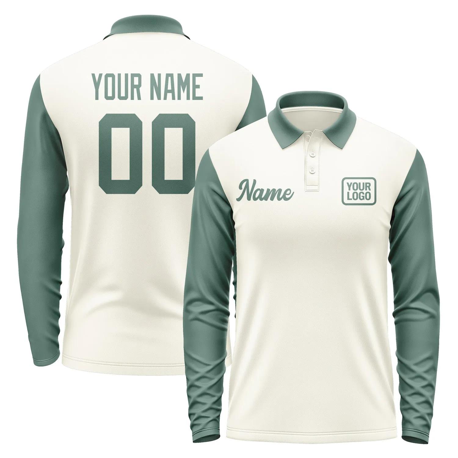 Custom Cream Blue Green Long Sleeve Polo Shirt sold by Tailorly