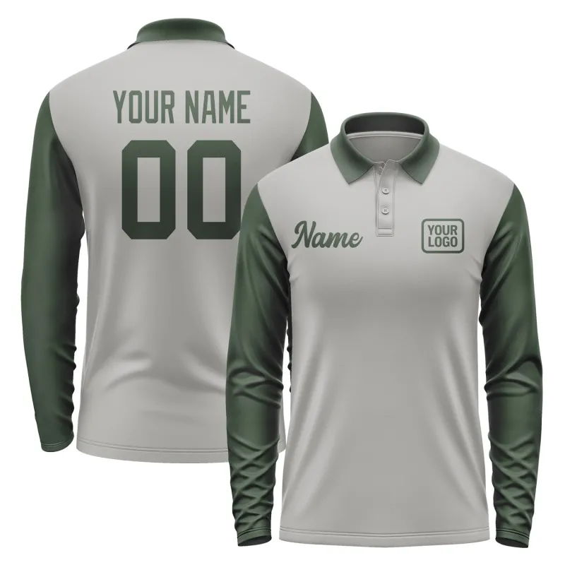 Custom Gray Dark Green Long Sleeve Polo Shirt sold by Tailorly