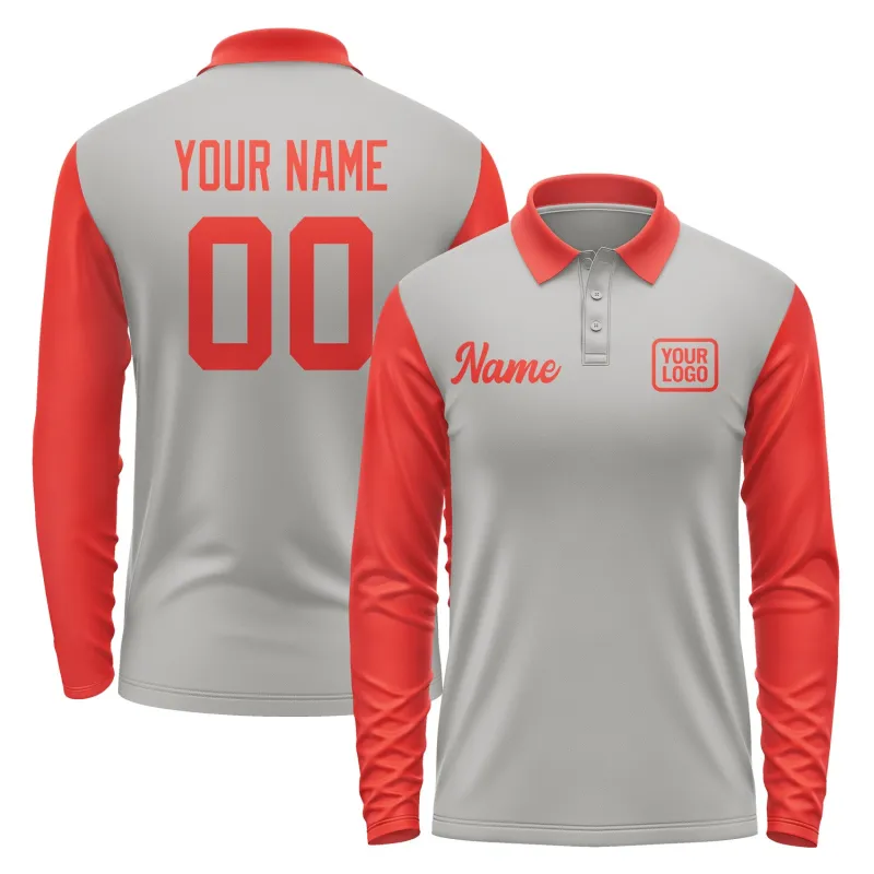 Custom Gray Orange Red Long Sleeve Polo Shirt sold by Tailorly