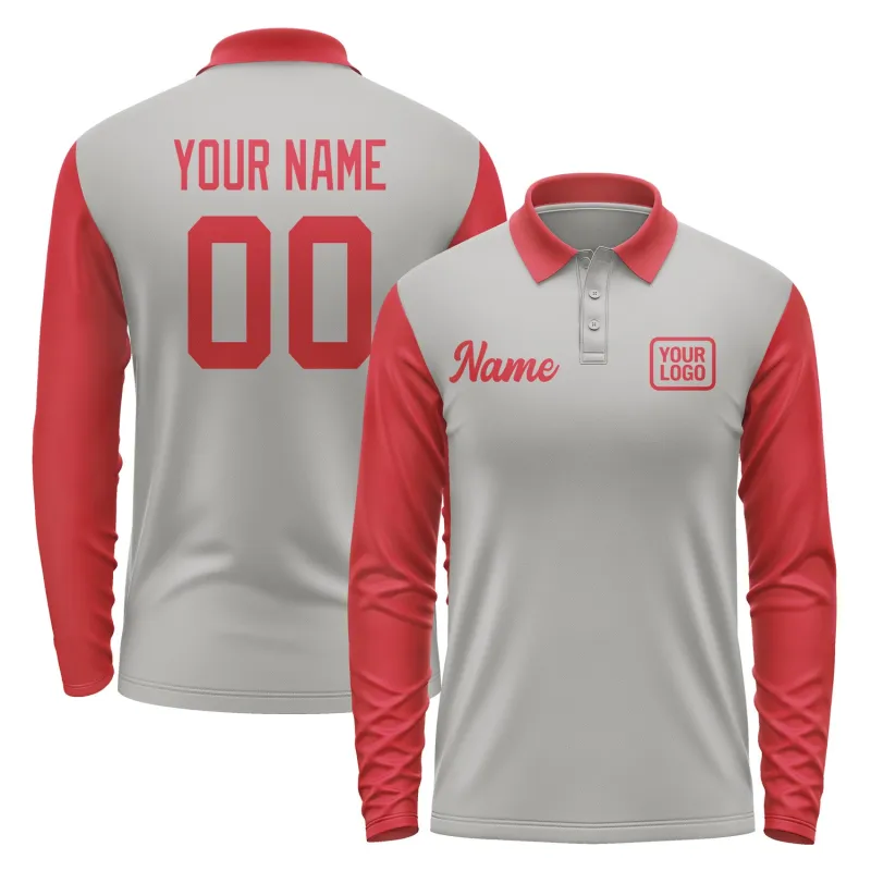 Custom Gray Red Long Sleeve Polo Shirt sold by Tailorly