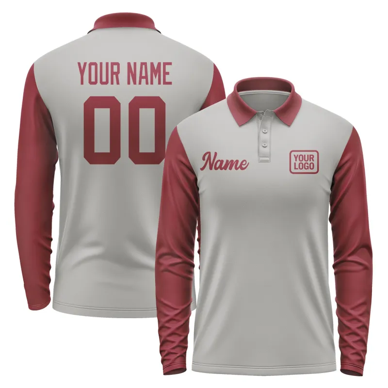 Custom Gray Crimson Red Long Sleeve Polo Shirt sold by Tailorly