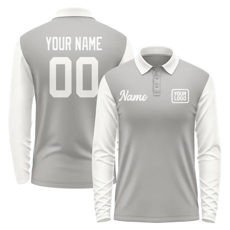 Custom Gray White Long Sleeve Polo Shirt sold by Tailorly