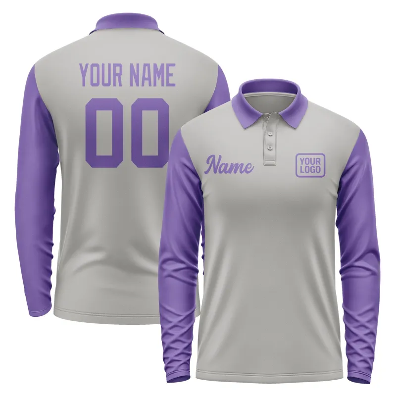 Custom Gray Light Purple Long Sleeve Polo Shirt sold by Tailorly