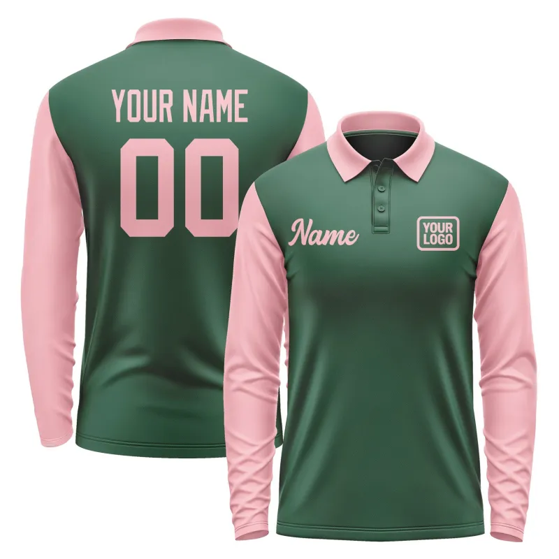 Custom Green Light Pink Long Sleeve Polo Shirt sold by Tailorly
