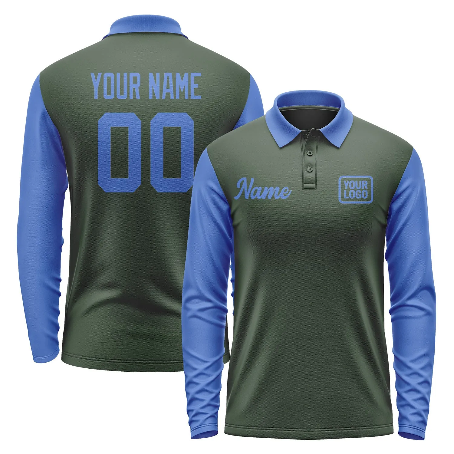 Custom Dark Green Sky Blue Long Sleeve Polo Shirt sold by Tailorly