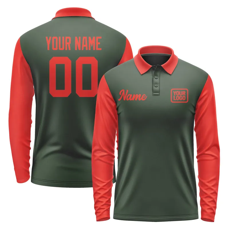 Custom Dark Green Orange Red Long Sleeve Polo Shirt sold by Tailorly
