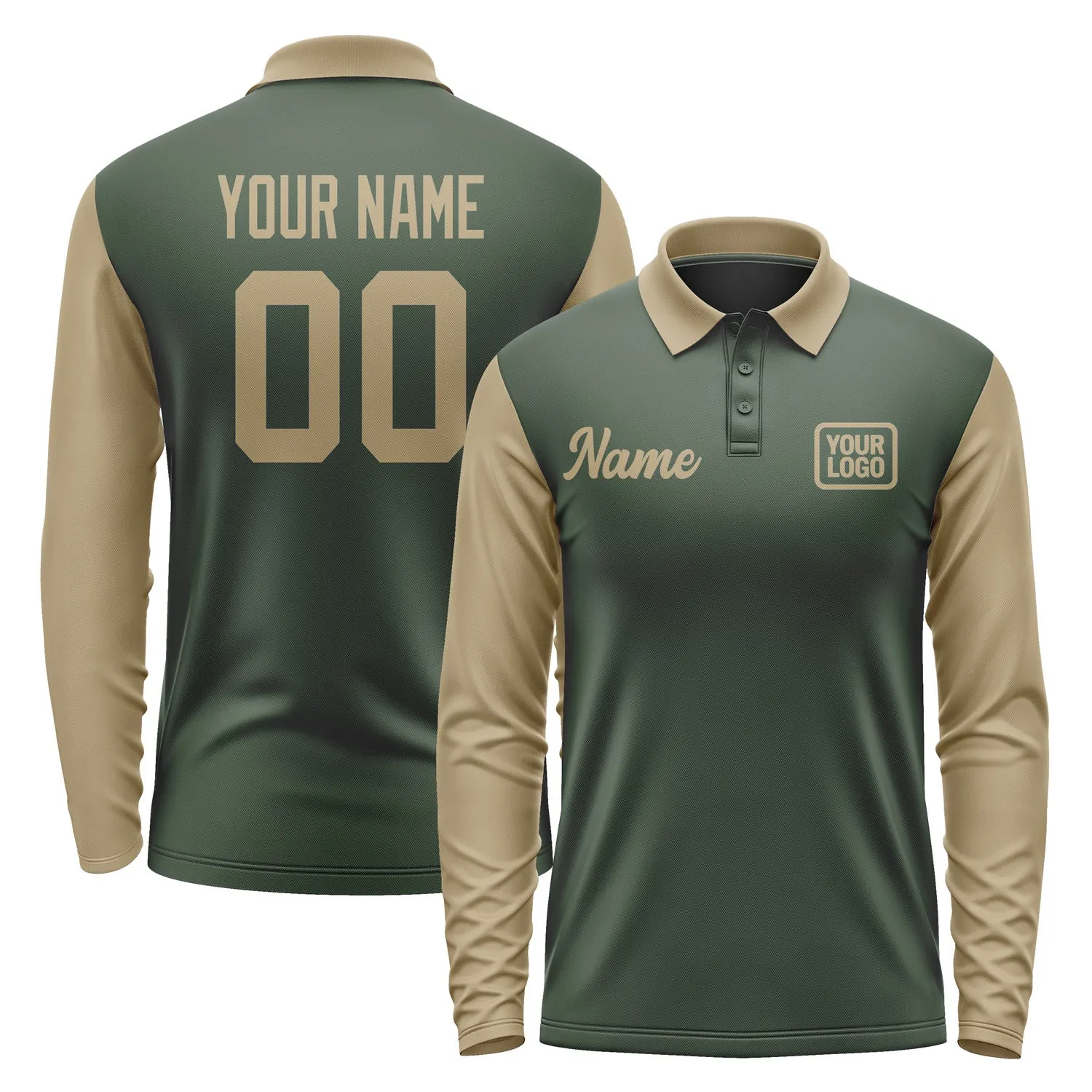 Custom Dark Green Light Khaki Long Sleeve Polo Shirt sold by Tailorly