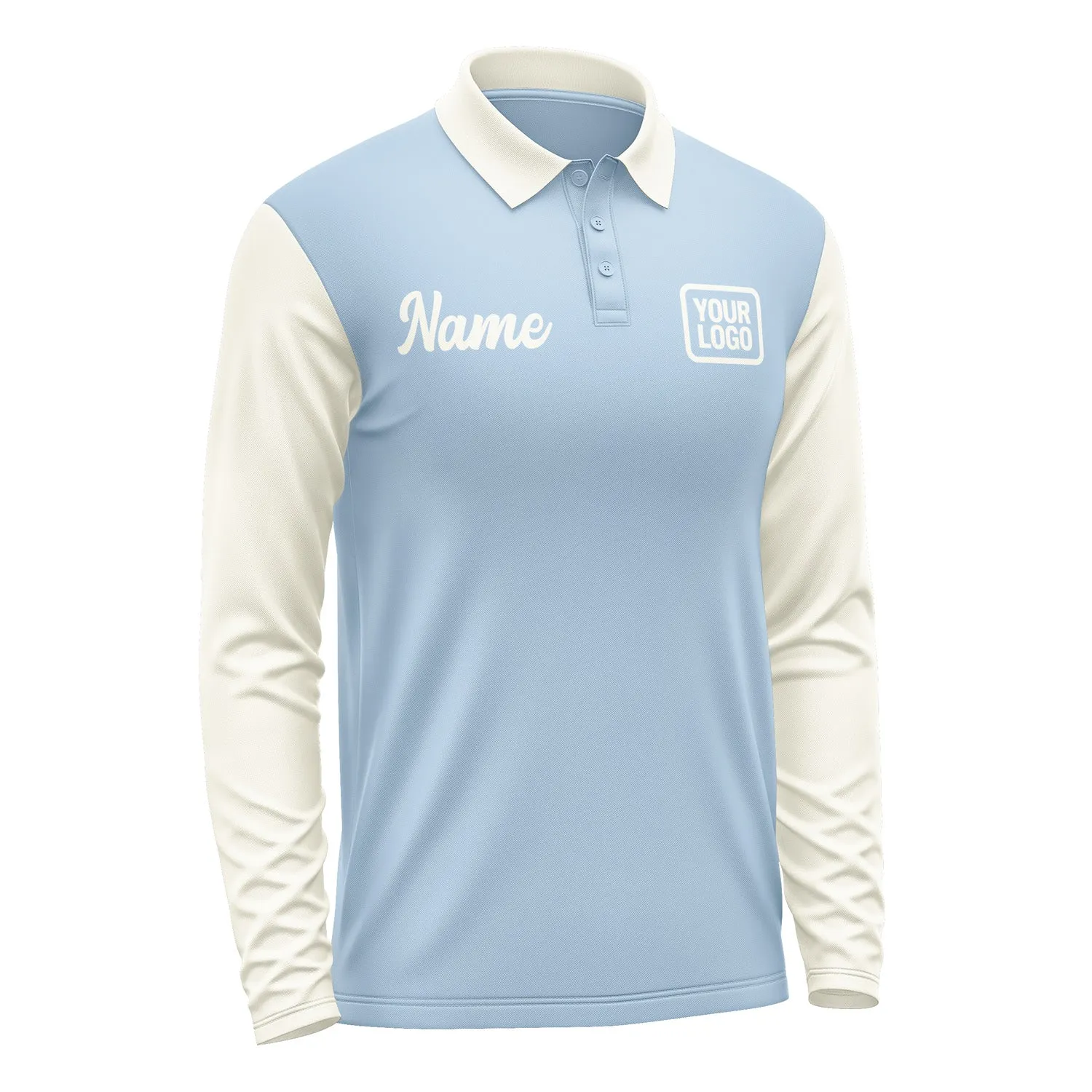 Custom Light Blue Cream Long Sleeve Polo Shirt sold by Tailorly product image thumbnail 4