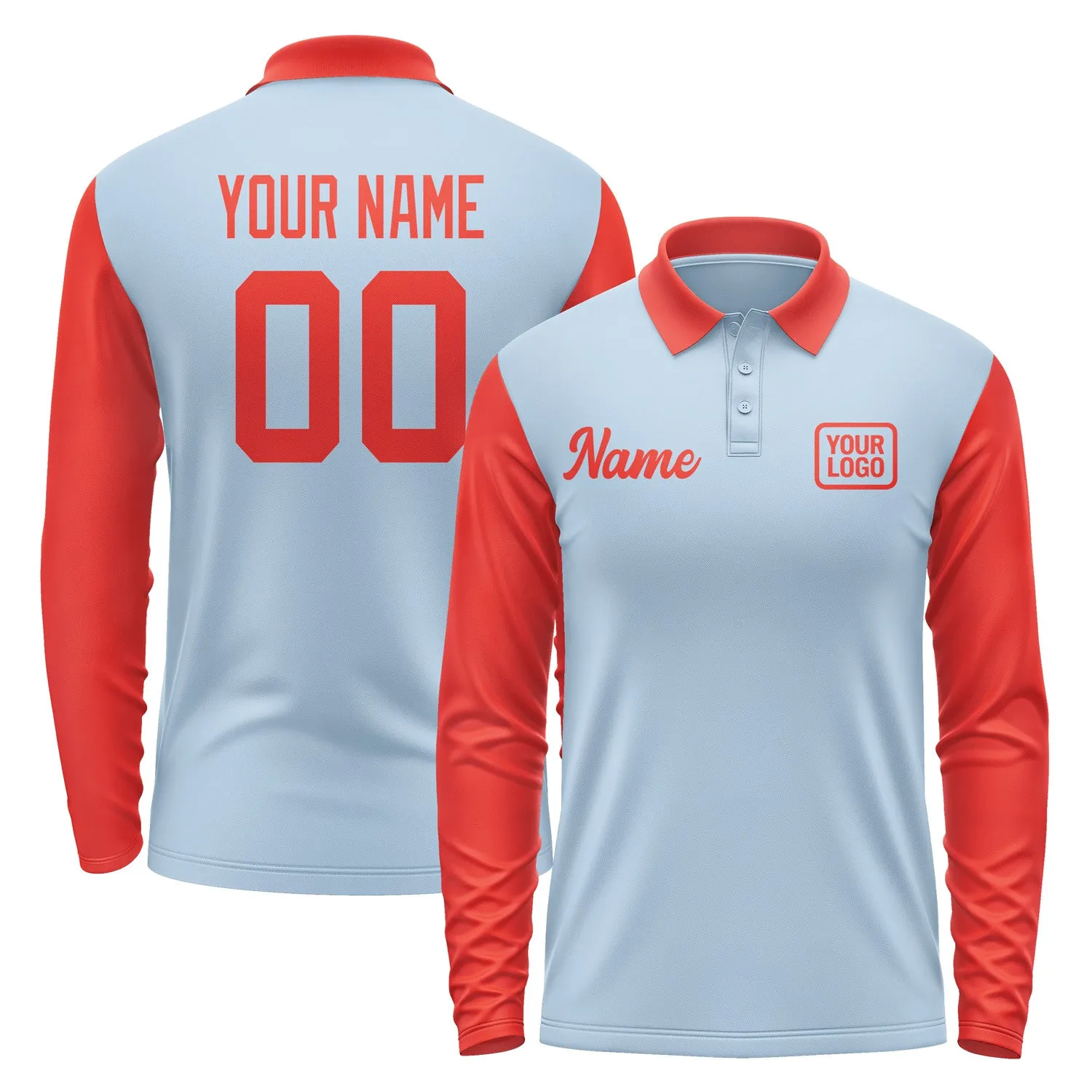 Custom Light Blue Orange Red Long Sleeve Polo Shirt sold by Tailorly