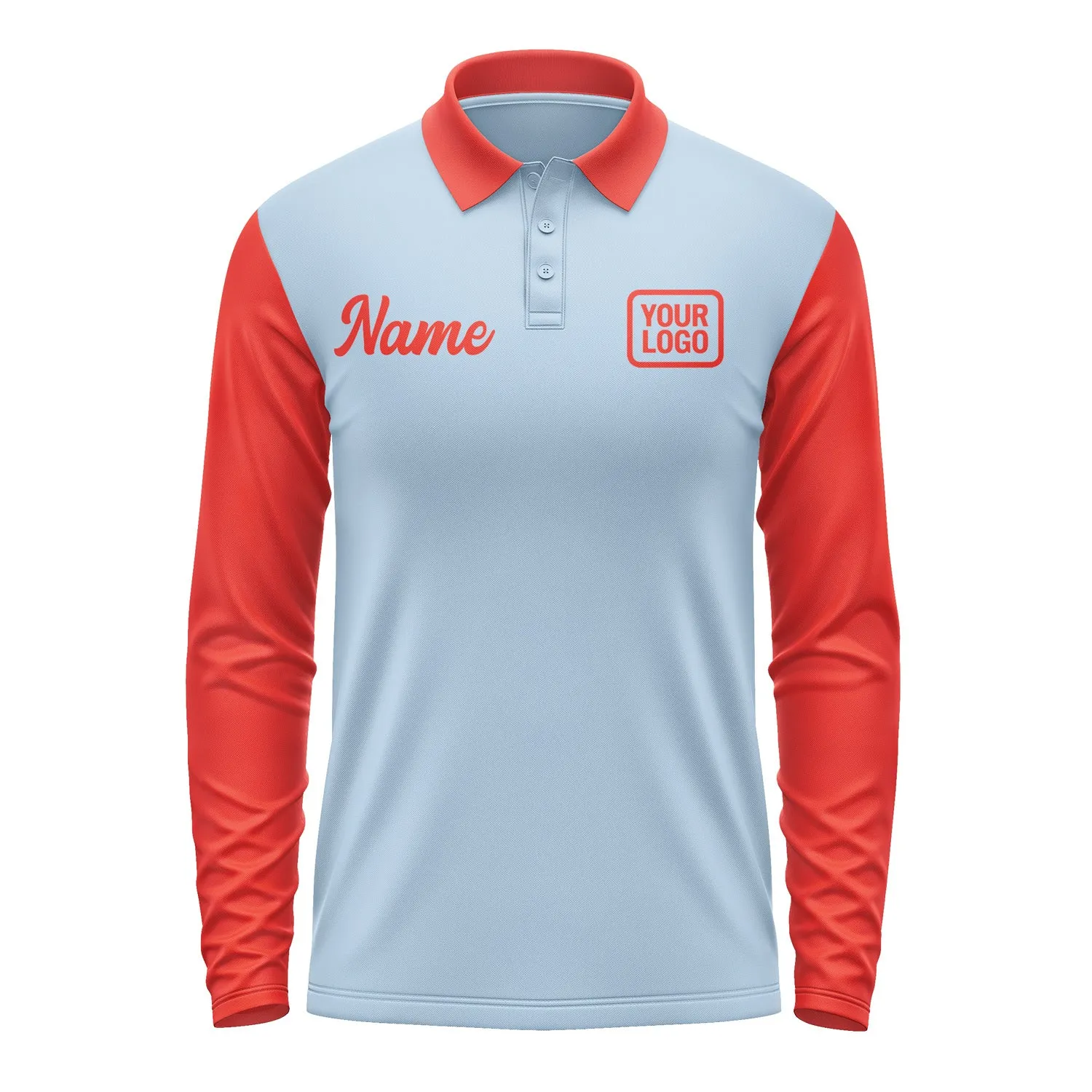 Custom Light Blue Orange Red Long Sleeve Polo Shirt sold by Tailorly product image thumbnail 2