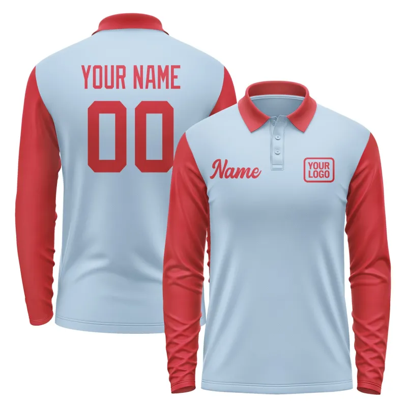 Custom Light Blue Red Long Sleeve Polo Shirt made by Tailorly