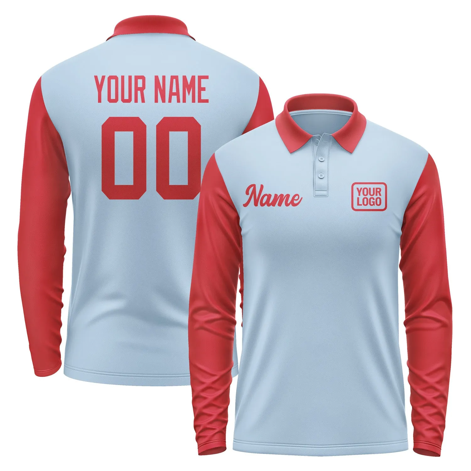 Custom Light Blue Red Long Sleeve Polo Shirt sold by Tailorly