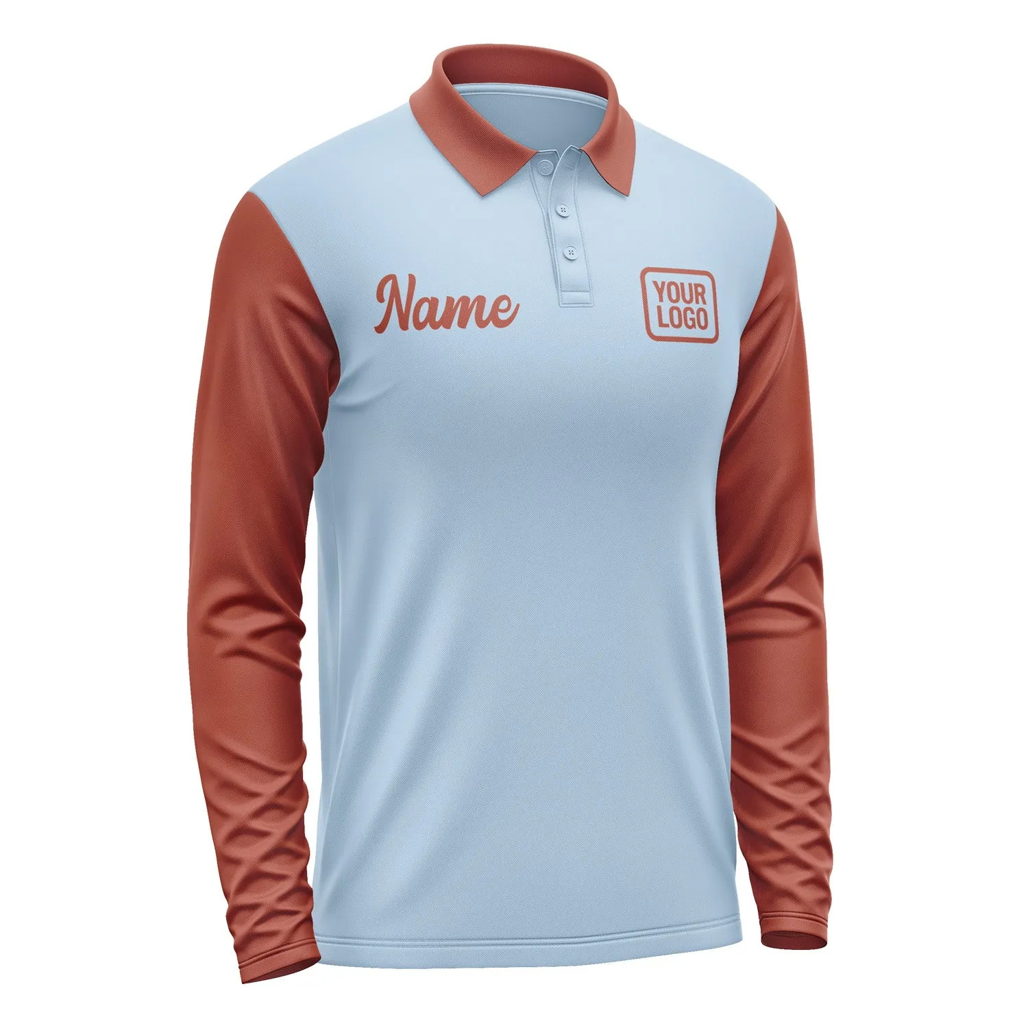 Custom Light Blue Coral Red Long Sleeve Polo Shirt sold by Tailorly product image thumbnail 4