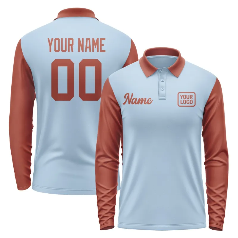 Custom Light Blue Coral Red Long Sleeve Polo Shirt sold by Tailorly