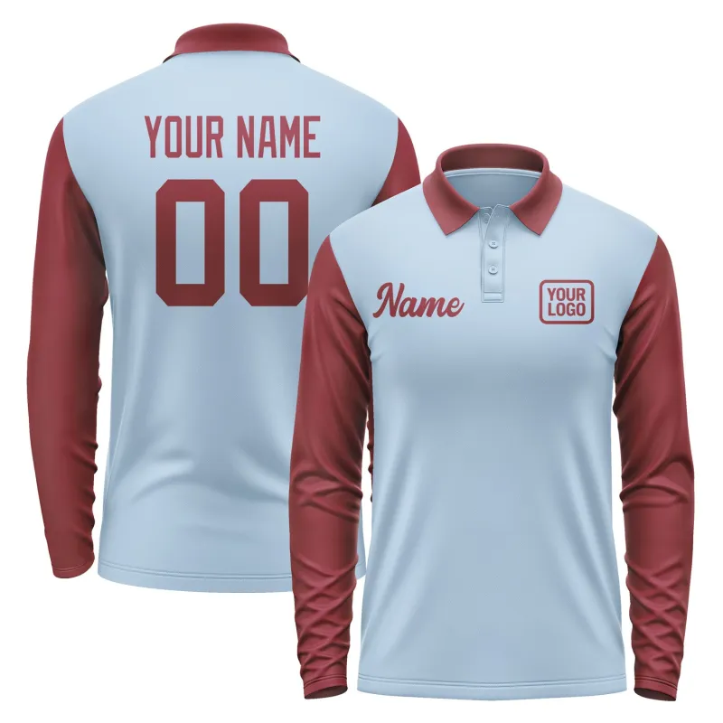 Custom Light Blue Crimson Red Long Sleeve Polo Shirt sold by Tailorly